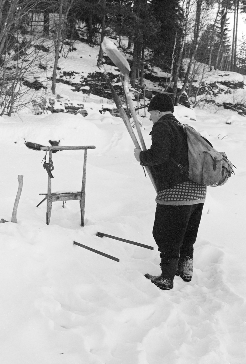 Yrkesfiskeren Paul Stensæter (1900-1982) fra Hole kommune i Buskerud, fotografert på den snødekte isen på Steinsfjorden vinteren 1973. Steinsfjorden er en sidearm til Tyrifjorden på Ringerike. Fotografiet er tatt inne ved strandkanten, der Stensæter hadde satt fra seg ei øks og en sparkstøtting. Her var han i ferd med å løfte ei isbile og en spade opp på skuldra. Denne redskapen skulle han ha med seg ut på isen, der han drev  garnfiske etter sik. Garna ble strukket i vannet mellom hull Stensæter hadde hogd i isen. De ble trukket med to døgns mellomrom. I løpet av to døgn hadde det ofte dannet seg ei isskorpe i de nevnte hullene. Denne isen måtte hogges opp med isbila. Deretter ble issørpe og eventuell snø i og omkring hullet fjernet med spaden, før garna kunne trekkes. 

I 1970-åra var etnologen Åsmund Eknæs fra Norsk Skogbruksmuseum flere ganger på besøk hos Paul Stensæter for å observere ham i aktivitet som fisker og intervjue ham om denne virksomheten. Eknæs oppsummerte det han fikk se og høre om garnfisket under isen på Steinsfjorden slik:

«Sikfiske med garn. Dette fisket foregikk på to steder, i åpent vann ute i Tyrifjorden og under isen i Steinsfjorden. Tyrifjorden er ofte åpen langt utover vinteren og det hender at den ikke legger seg i det hele tatt. De dro da i båt over fra Steinsfjorden og satte garn på ganske store dyp, 20-40 favner. Når det ble fisket for fullt ble det brukt 20 garn. 10 sto ute mens de øvrige var hjemme til tørking.

Garnfisket under isen i Steinsfjorden begynner så fort isen legger seg om høsten, fordi tynn og gjennomsiktig is er en fordel når garna skal settes ut første gang. Å sette ut garn under isen kaller Paul for øvrig «å høgge ut garna». Dette krever en spesiell teknikk. Er isen gjennomsiktig, foregår det på følgende måte: To hull hogges med så lang avstand som lengda på garnet. Ei rett granstang på 7-8 m stikkes ned i det ene hullet med den tynneste enden først. I den tykkeste enden er det et hull hvor det blir festet ei snor. Stanga blir nå skjøvet i full fart mot det andre hullet. En viktig detalj ved denne stanga er at den skal være nyhogget. Da ligger den dypere i vannet og skubber mindre mot isen. Stanga går ikke helt fram til det andre hullet. Der den stopper blir det hogget et mindre hull og den skyves videre ved hjelp av en kjepp med ei kløft i enden. Når snora er brakt fram på denne måten, er det en enkel sak å trekke garnet under isen. 

Men er isen ugjennomsiktig, slik at det er umulig å se stanga, må Paul gjøre det på en annen måte. Da finner han ei lang stang med god krumming på. Så hogger han hull så tett at stanga kan stikkes ned i det ene og komme opp igjen gjennom det neste.

Garnet er nå på plass under isen og står på bunnen på 5-10 favners dyp. Fra hver ende av garnet går det ei tynn snor opp til hullet i isen. Snorene går ikke opp gjennom hullet, men er festet litt ved siden. Dette er gjort for å hindre at han hogger dem av når is som har dannet seg i hullet skal fjernes.

Dagens nylongarn tåler å stå ute hele vinteren. Tidligere, da lin og bomull var mest brukt, var det nødvendig å ta garna opp og tørke dem. Av de 20-40 garn som Paul brukte, var halvparten til tørk.

Ettersynet, som gjerne foregår annenhver dag, begynner med at han får tak i snorene fra garnet ved å stikke en pinne med krok på innunder isen. I den borteste enden løsner han garnsnora og fester isteden ei lang nylonsnor til garnet. Tidligere brukte han snor av tvunnet hestetagl. Snora er så lang at den også rekker bort til der han står oppå isen. Ved trekkinga tar han ut fisken etter hvert. Når hele garnet er trukket, blir han stående på samme sted, tar tak i snora og drar garnet ut igjen samtidig som han passer på at det går ordentlig.

I sterk kulde vil det våte garnet fryse til en klump og være umulig å sette igjen. For å hindre dette hogger han ei grop i isen bak hullet og fyller denne med vann. Etter hvert som han trekker garnet putter ha det ned i gropa og det holder seg opptint til det skal settes igjen.

Når det blir mildvær og fare for at isen skal gå opp og komme i drift, må det tas spesielle forholdsregler for å hindre at garna blir dratt med isflak og forsvinner. Paul binder i slike tilfelle inn en bit snelletråd i den snora som går fra isen og ned til garnet. Kommer isen i drift, vil snelletråden ryke, og garnet blir stående igjen på samme sted. Det er da en forholdsvis enkel sak å sokne etter det.

Garnfisket ga jevne tilførsler av sik gjennom det meste av vinteren. Vintersiken i Steinsfjorden er noe mindre enn høstsiken. Det går omkring 4 på kiloen, mot 3 om høsten. Fangstene varierer fra noen få til 25-30 pr. garn. Med 10 garn ute vil han kunne få opptil 200-300 sik eller 50-70 kilo. Men da blir garnene trukket bare annenhver dag.»