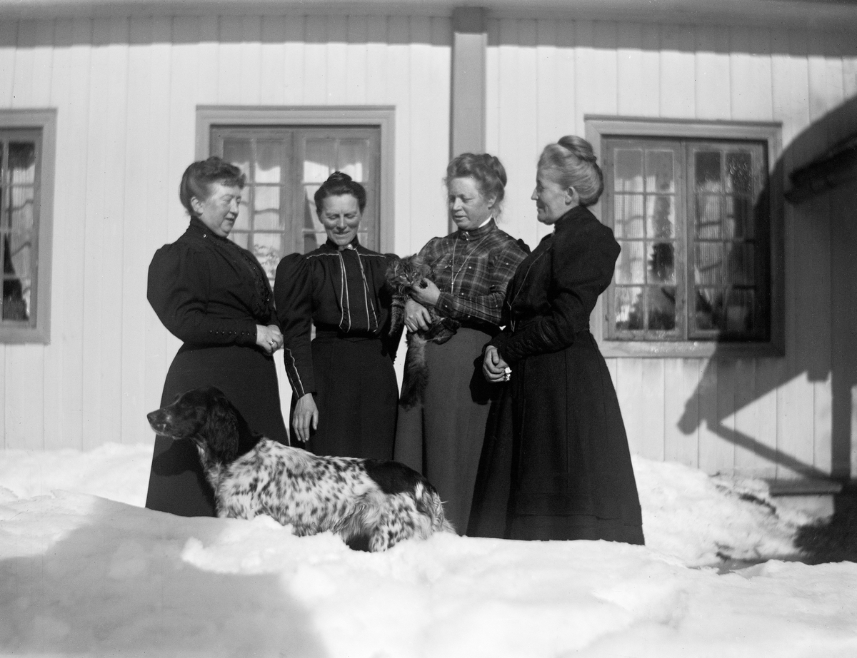 Fire kvinner ute i snøen.