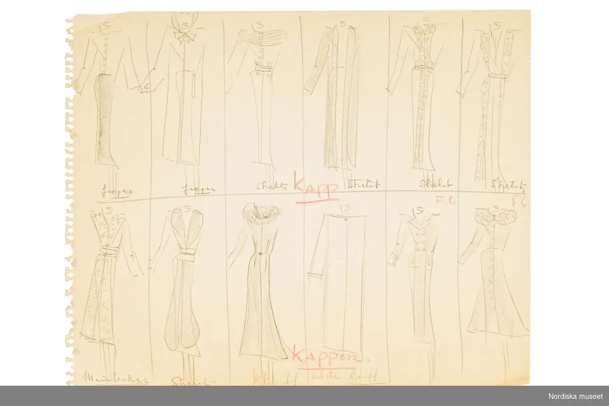 Modeskisser utförda av Pelle Lundgren (1896-1974) kreatör, från 1923 förste försäljare och senare ateljéchef på NK:s Franska damskrädderi. Från 1965 till stängningen av verksamheten 1966 var han disponent. Pelle Lundgrens minnesskisser från de kända modehusen i Paris är tecknade efter visningarna, i ritblocket eller på det som fanns till hands – som hotellets brevpapper. De snabba skisserna inspirerade ateljéns egna modeller. Här ses teckningar utförda hösten 1939 med plagg från exempelvis Rochas, Molyneux, Paquin, Jaeger, Rouff, Mainbocher, Vionnet, Lanvin, Stiebel och Balenciaga.