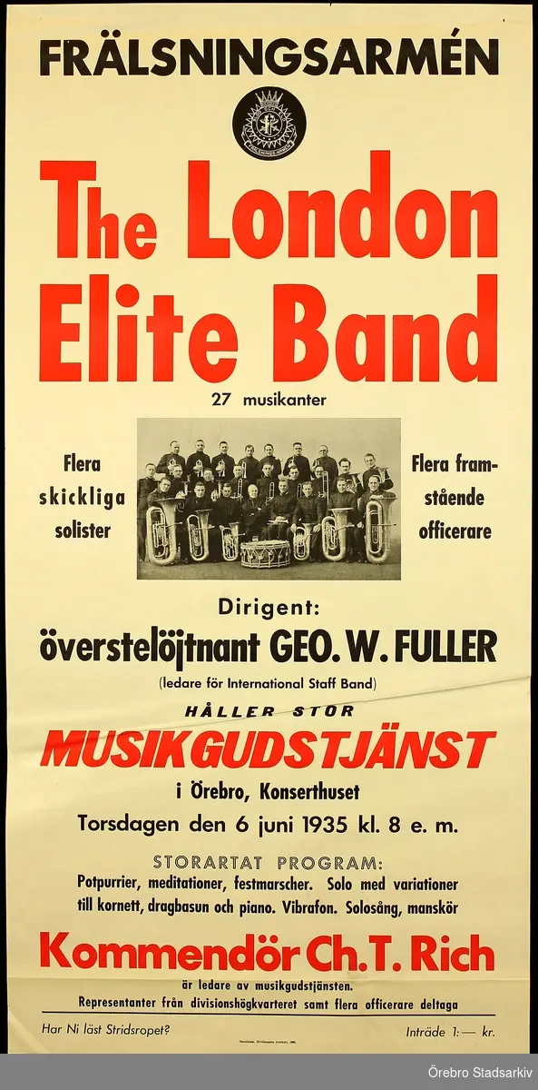 Dirigent Överstelöjtnant Geo. W. Fuller, Ledare av musikgudstjänsten Ch. T. Rich