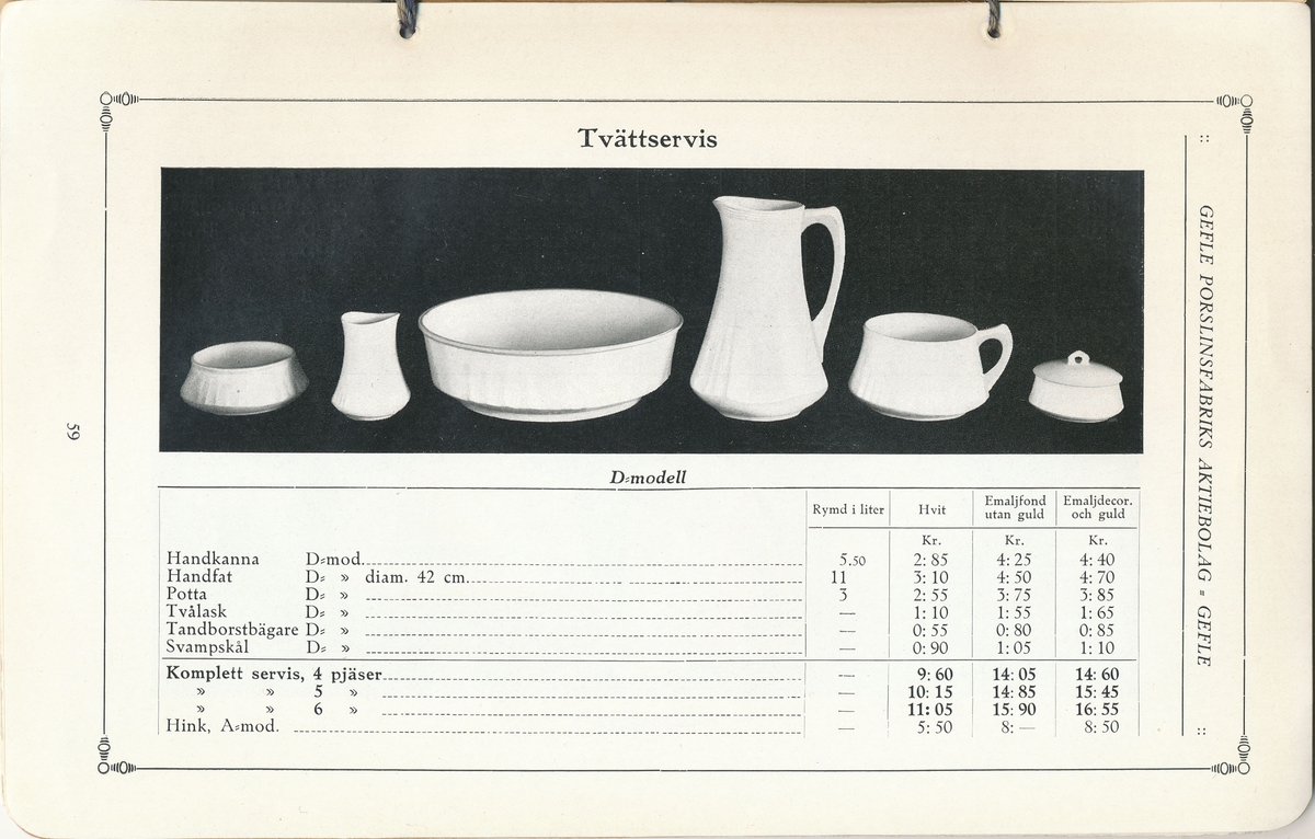 Produktkatalog, priskurant, över 1916 års produktion av keramik vid Aktiebolaget Gefle Porslinsbruk.