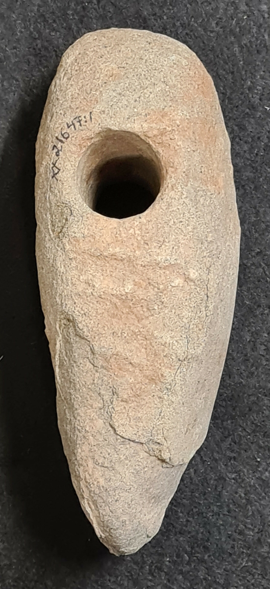 Skafthålsyxa, vittrad. L. 14,2 cm. B. 4,7 cm. H. 5,5 cm. Hålets diam. 2,1-1,8 cm. Datering ca. 2000 f. Kr.

Ingår i: Arkeologiska fynd från yngre stenåldern funna på/invid Ekholmen i Göta älv, Trollhättan Västergötland fornlämning nr. 205-207. Fynden gjordes vid ett och samma tillfälle av Mika Lädeaho från Trollhättan då han besökte ön i Juni 1994. Föremålen låg spridda som lösfynd i vattnet och längs den eroderade strandkanten på olika platser på ön. Den tunnackiga stenyxan låg öppet på marken ca. 10 meter från stranden.

21 647:1-8
1 Skafthålsyxa, vittrad. L. 14,2 cm. B. 4,7 cm. H. 5,5 cm. Hålets diam. 2,1-1,8 cm. Datering ca. 2000 f. Kr.
2 Bergartsyxa tunnackig. L. 9 cm. B. 4 cm. H. 2,1 cm. Yxan är mer eller mindre slipad på alla sidor. Datering 3000-2500 f.Kr.
3 Trindyxa, vittrad, eggen avslagen. L. 10,6 cm. B. 4,5 cm. H. 3,1 cm. Datering ca. 4000-3000 f.Kr.
4 Knacksten/malsten, förhållandevis jämt rundad. Diam.7-8 cm. Datering: Troligen senneolitikum.
5 Spån och fragment av flinta, 3 st. L. 5,9-3,9 cm.
6 Avslag av flinta, 5 st. L. 4,6-1,5 cm.
7 Flinta övrig, 4 st. varav 1 st. bränd. L. 4,6-2,3 cm.
8 Slagg, svart och porös. 1 stycke delat i två delar. L. 6 cm. B. 2,8 cm. Storleken anger stycket sammanfogat.