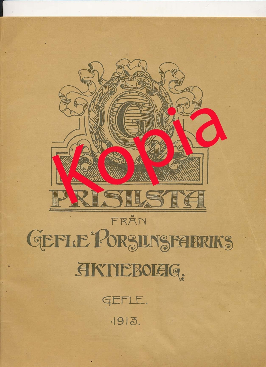 Produktkatalog, prislista, över 1913 års produktion av keramik vid Aktiebolaget Gefle Porslinsfabrik.