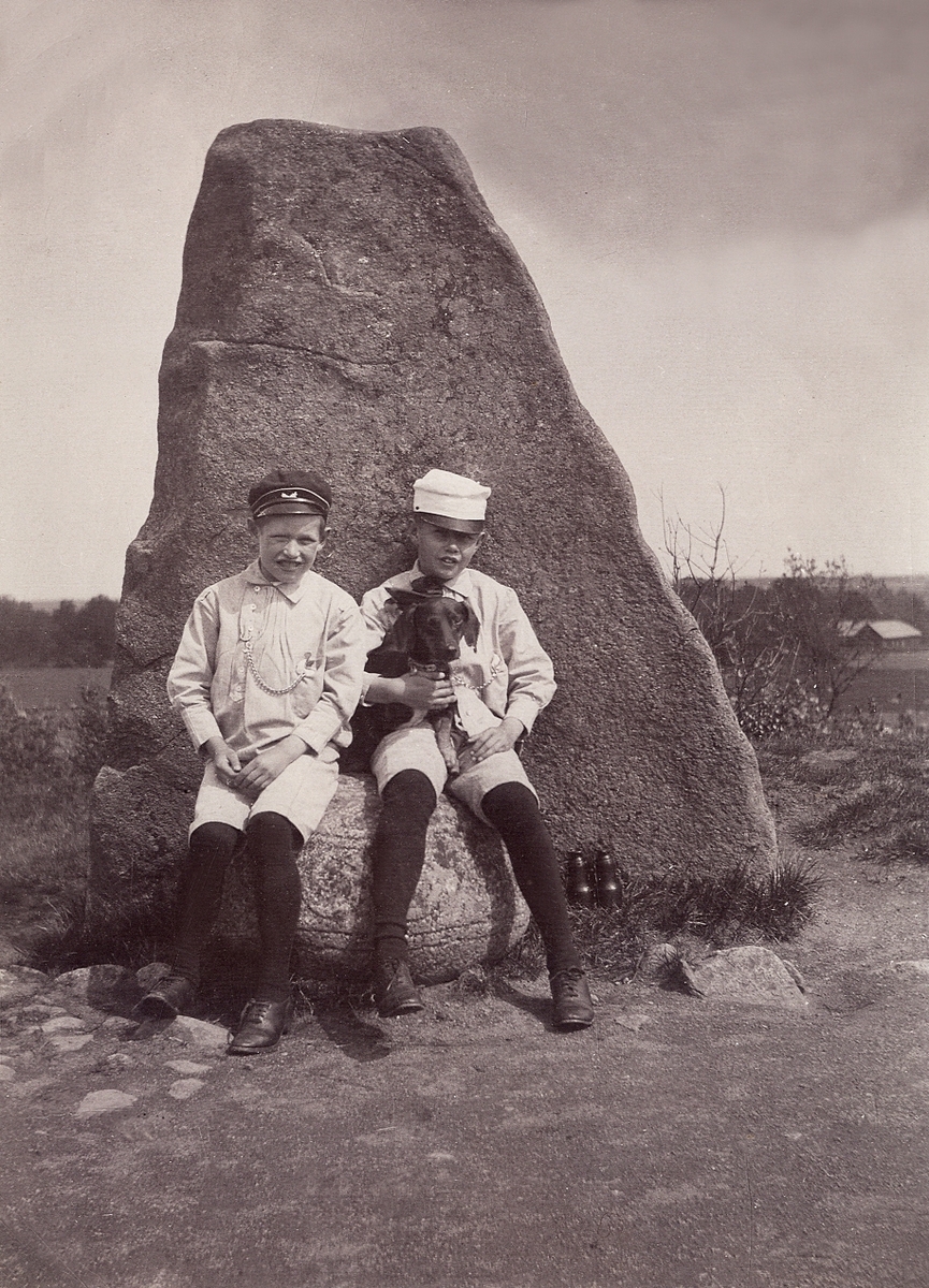 Två pojkar och en tax, avfotograferade på Inglinge hög, Ingelstad, ca 1900.