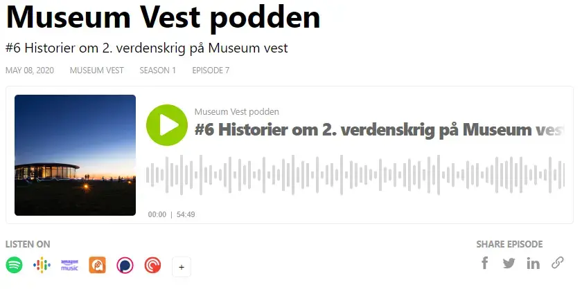 Skjermdump av Museum Vest podden på Buzzsprout