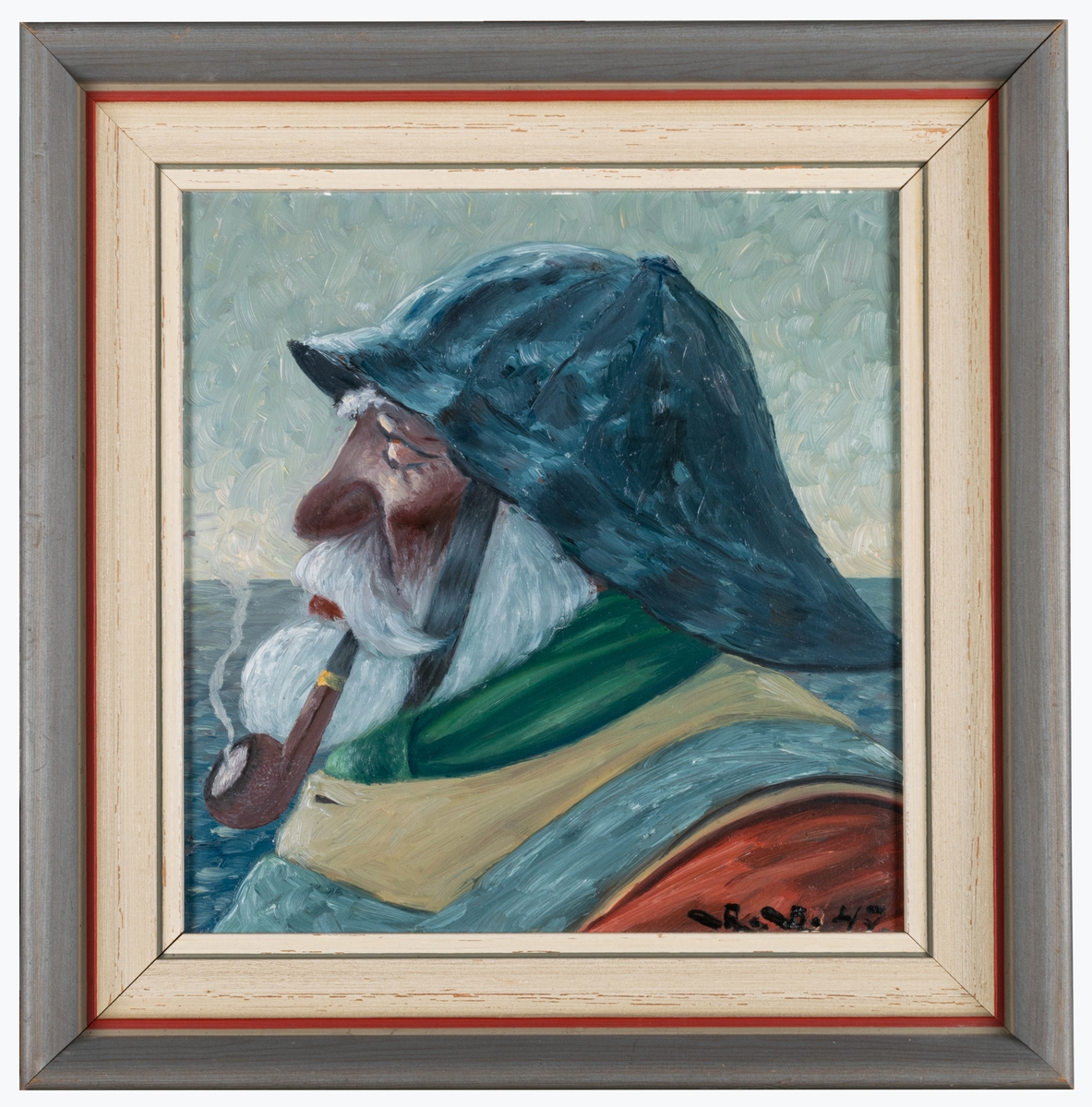 Fiskargubbe med helskägg, pipa i munnen och sydväst avbildad i vänsterprofil med hav i bakgrunden. Ett traditionellt motiv som bygger på den tyske marinmålaren Harry Haerendels välkända målning från ca 1920 "Der alte Seebär" (Den gamle sjöbjörnen).