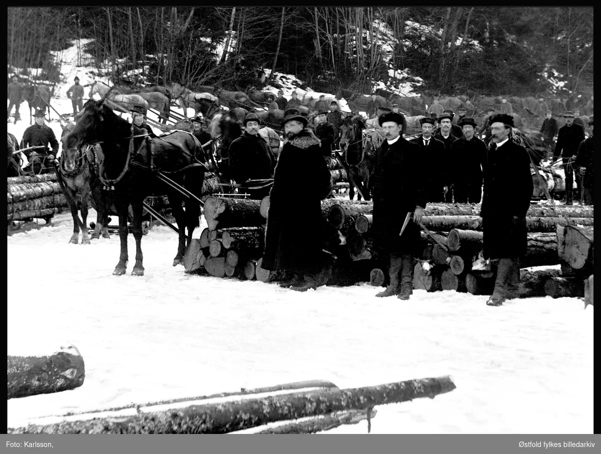 Tømmeropplag på Rambergevja i Tune.
Oppsamling av tømmer fra Kjerringåsen og skogen ovenfor Ramberg og helt opp til Svinndal. Tømmeret ble frakten med hest ned på isen. Når isen smeltet på våren ble tømmeret fløtet ned til Solli-bruket.