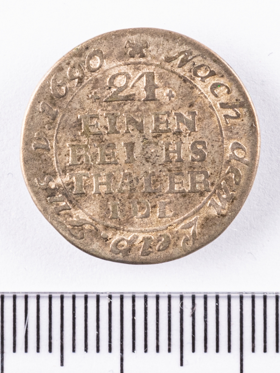 Mynt, besittningsmynt, 1/24 riksdaler, från den svenska besittningen Pommern som omfattade delar av nuvarande Tyskland och Polen.