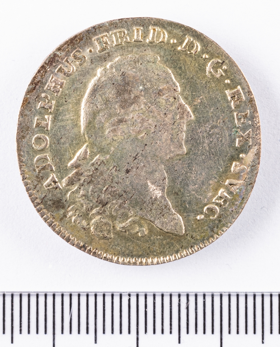 Mynt, besittningsmynt, 8 groschen, 1760, från den svenska besittningen Pommern som omfattade delar av nuvarande Tyskland och Polen.