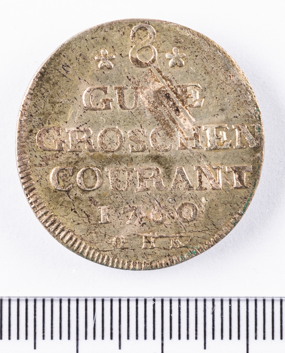 Mynt, besittningsmynt, 8 groschen, 1760, från den svenska besittningen Pommern som omfattade delar av nuvarande Tyskland och Polen.