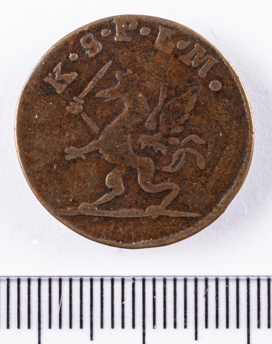 Mynt, besittningsmynt, 3 pfennige, Gustav III.
Präglat i Stralsund (Pommern) 1776.