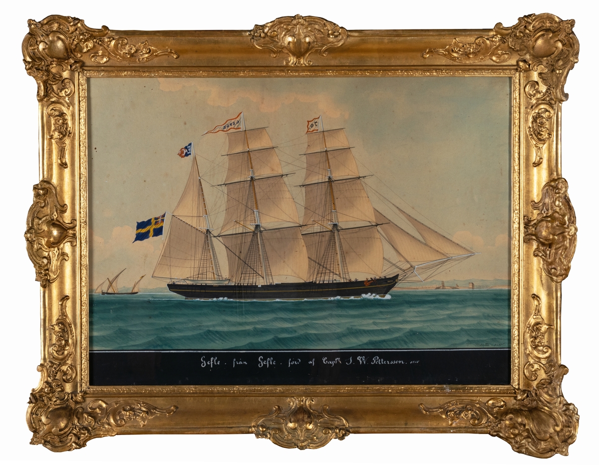 Målning av konstnären Moutte, utförd år 1855 föreställande barkskeppet Gefle från Gefle för av Capt.n. S. W. Pettersson 1855. Fartyget bär Elfstrands flagg.