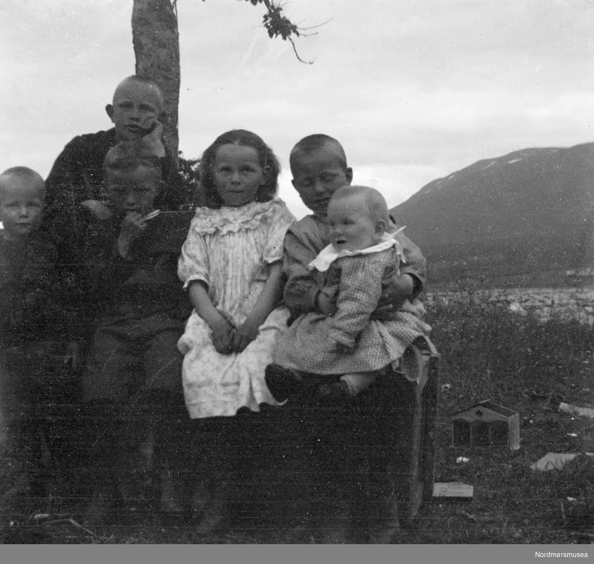 Foto av en gruppe barn. Muligens fra Sverdrup-slekten i Eidsvåg, Nesset kommune. Fotograf er trolig Georg Sverdrup. Fra Sverdrupsamlingen ved Nordmøre museums fotosamlinger.