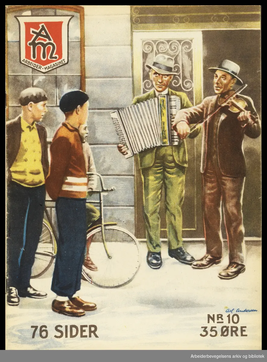 Arbeidermagasinet - Magasinet for alle. Forside Nr. 10. 1933. Gatemusikanter. Illustrasjon: Alf Andersen.