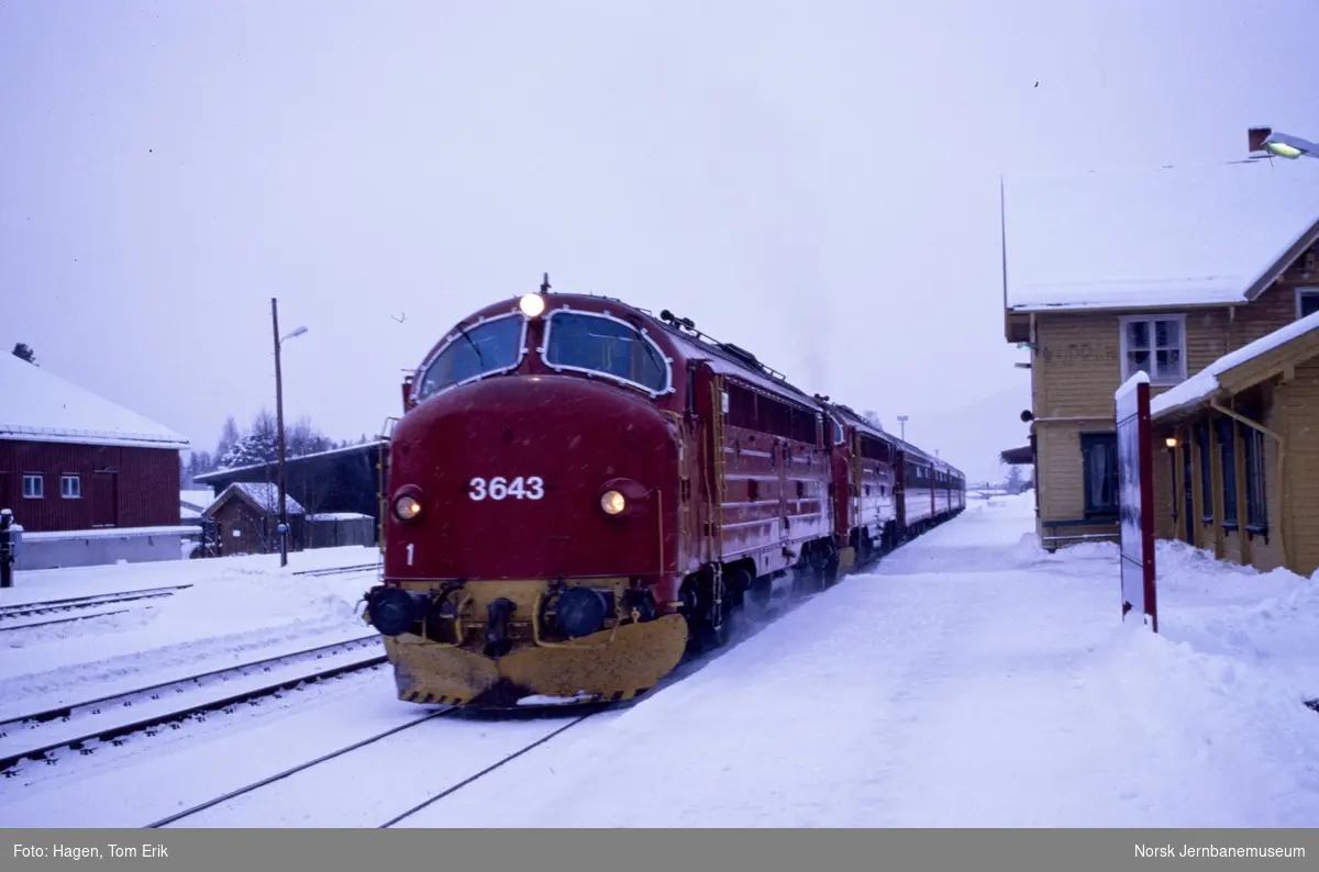 Diesellokomotiv Di 3 643 som ekstra forspannlokomotiv og Di 3 som forspannlokomotiv med persontog til Hamar på Koppang stasjon