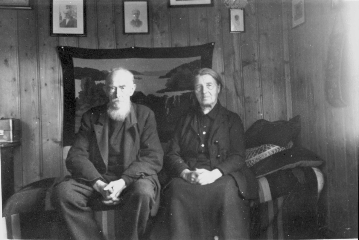 Portrett av ekteparet Johanna og Ole P. Gravrok sittende på en divan.