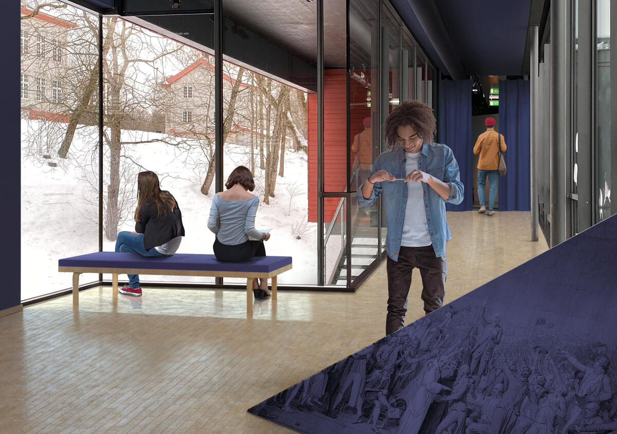 En såkalt "mockup" der personer og utstillingsmoduler er digitalt bildemanipulert inn i utstillingsarealet i Wergelands hus. Bildet er hentet fra et mulighetsstudie knyttet til prosjektet Nye Wergelands Hus