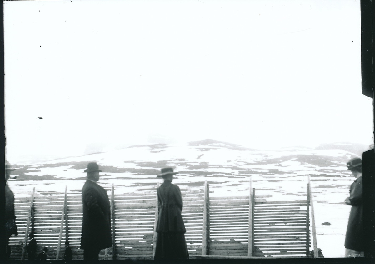 Fire personer, herr og fru Rydgren i midten, står bak snøskjerm og ser utover Hardangervidda med snødekte partier, trolig på Bergensbanen ved Finse.