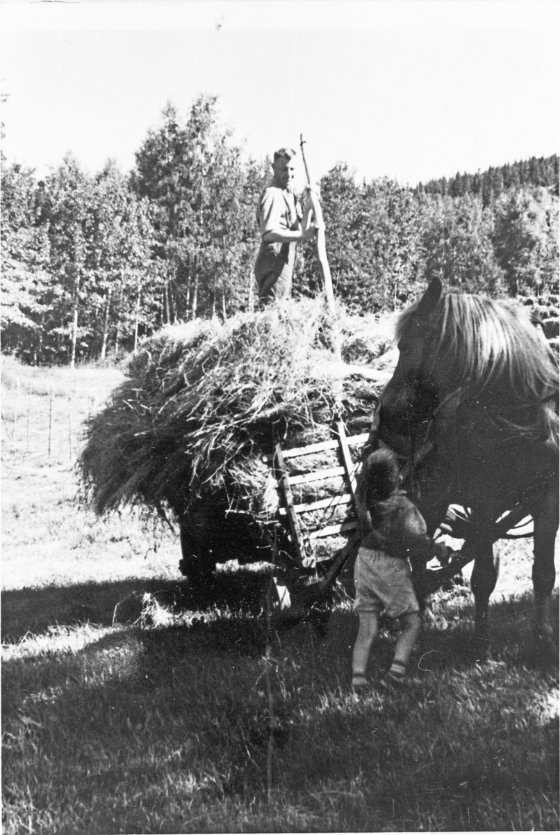 Gunnar Vidvei med forlass på Sø Skare i Eggedal, ca. 1960. Et ukjent barn i forgrunnen.