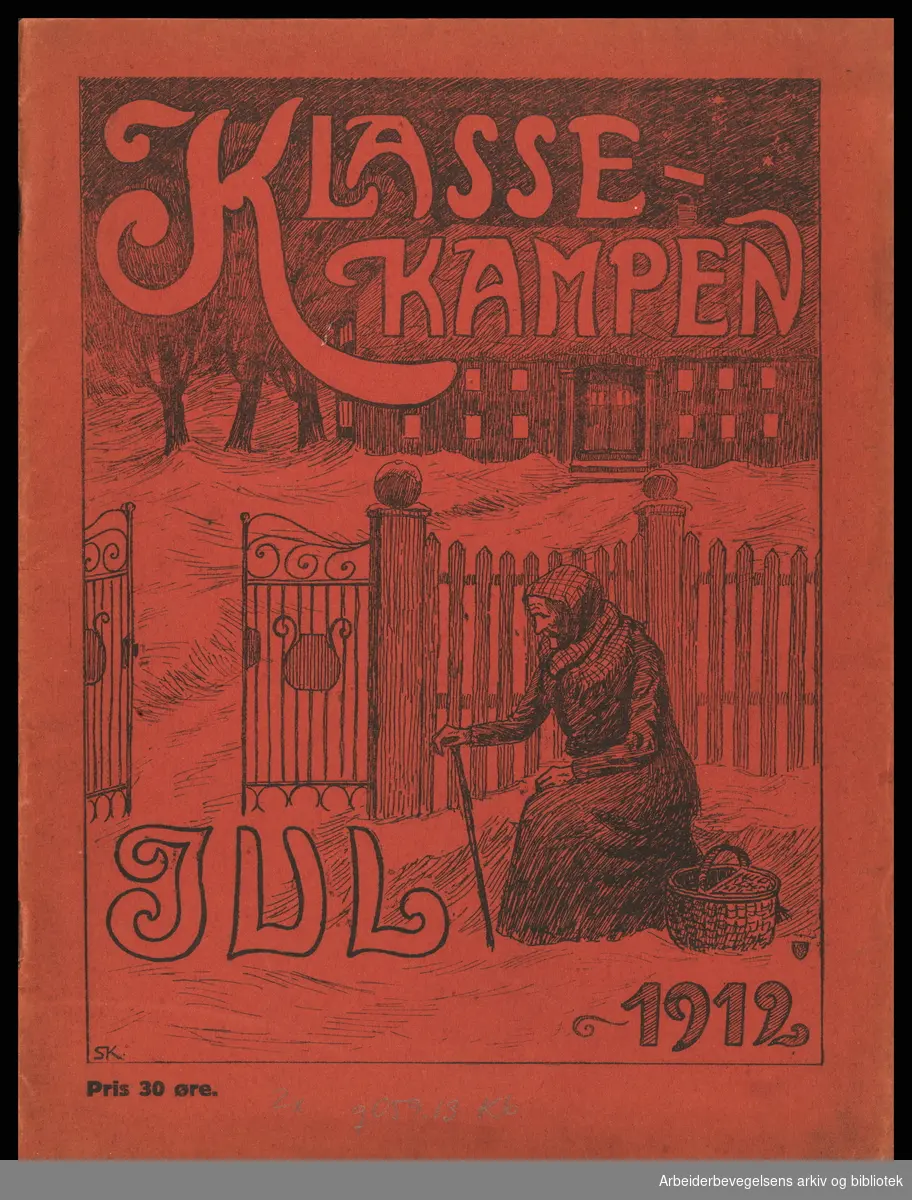 Klassekampen. Julen 1912. Forside. Julehefte. Organ for Norges socialdemokratiske ungdomsforbund. Illustrasjon signert SK..