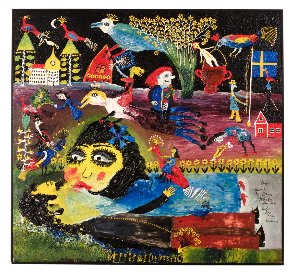 Fantasifull skildring i Chagalls anda av fåglar, blommor, hus, kärlekspar och man som hissar svenska flaggan.