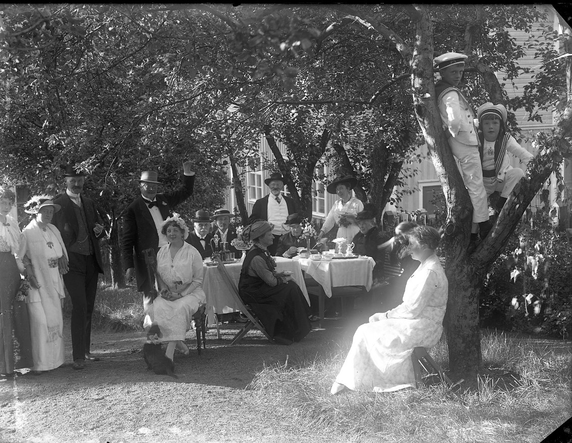 Ett sällskap med kvinnor och män, samt två barn i ett träd, i en trädgård. Några sitter runt ett kaffebord. Det är sommar.
