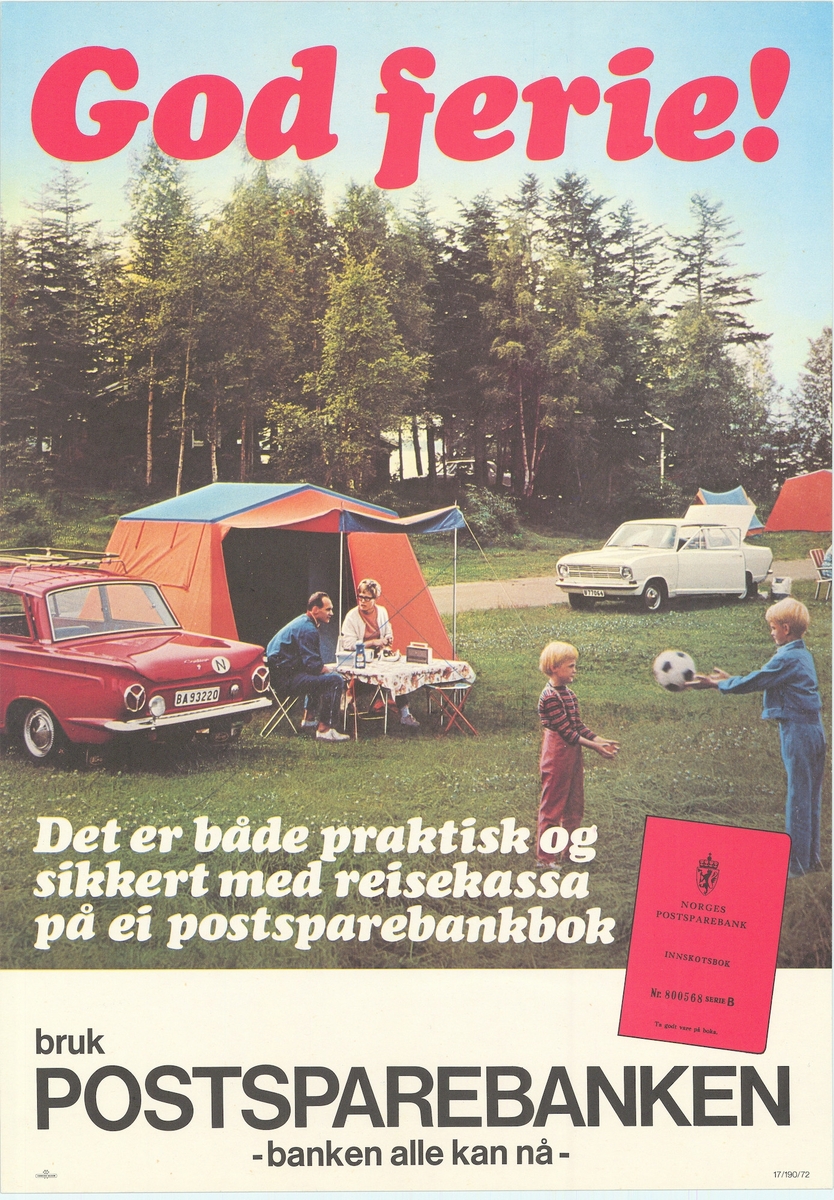 Tosidig reklameplakat med tekst på nynorsk og bokmål og feriemotiv.