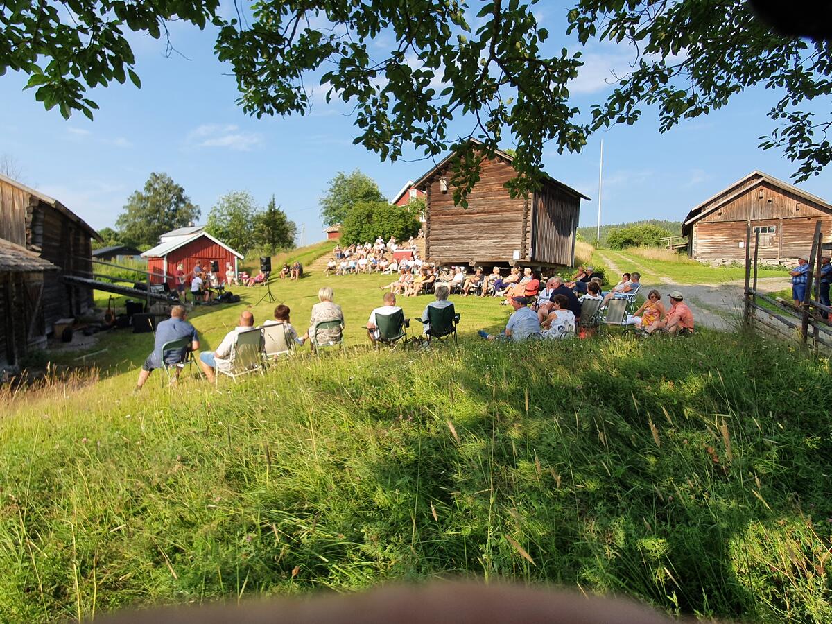 Oversiktsbilde av arrangementet Åpent bygdetun. I forgrunn ser man en blomstereng. Blader fra et tre henger synes øverst i bildet. Midt på bildet sitter mange mennesker rundt låvebrua hvor det er konsert.
