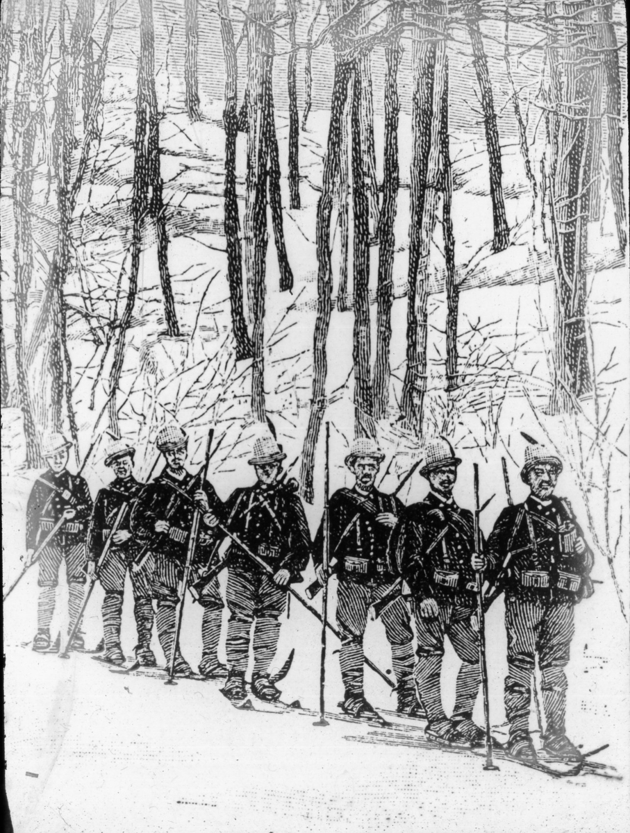 Sju russer soldater på ski i skoglandskap,Amatør foto av tegning/trykk