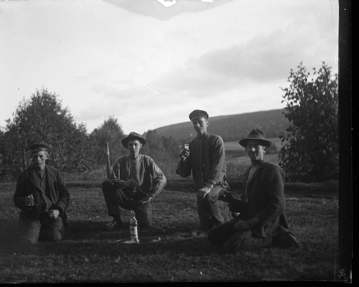 Fyra ynglingar sitter och huttar ute i det gröna (eventuellt en skyttevall), kring en spritflaska på bricka. De poserar för fotografen med var sitt supglas i handen. I bakgrunden skogsklädda höjder och odlingslandskap.