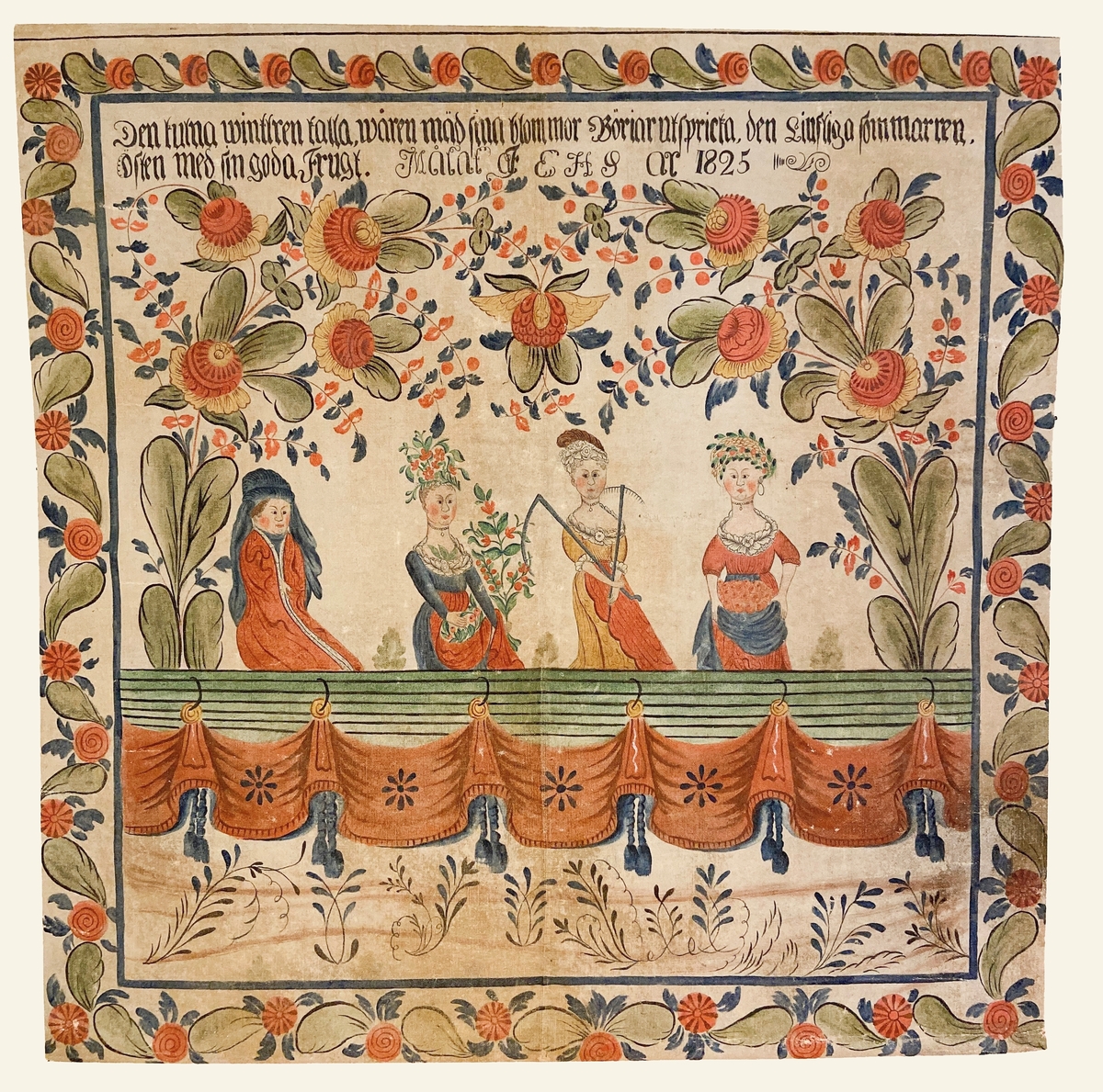 En ram av kurbitsrosor omger ett motiv föreställande fyra kvinnor som med olika attribut representerar de fyra årstiderna. Ovanför kvinnorna breder kurbitsrosor ut sina flerfärgade grenar och blommor. Under kvinnorna i förgrunden ses en grön bård med en rött hängande drapperat tyg med blå tofsar.