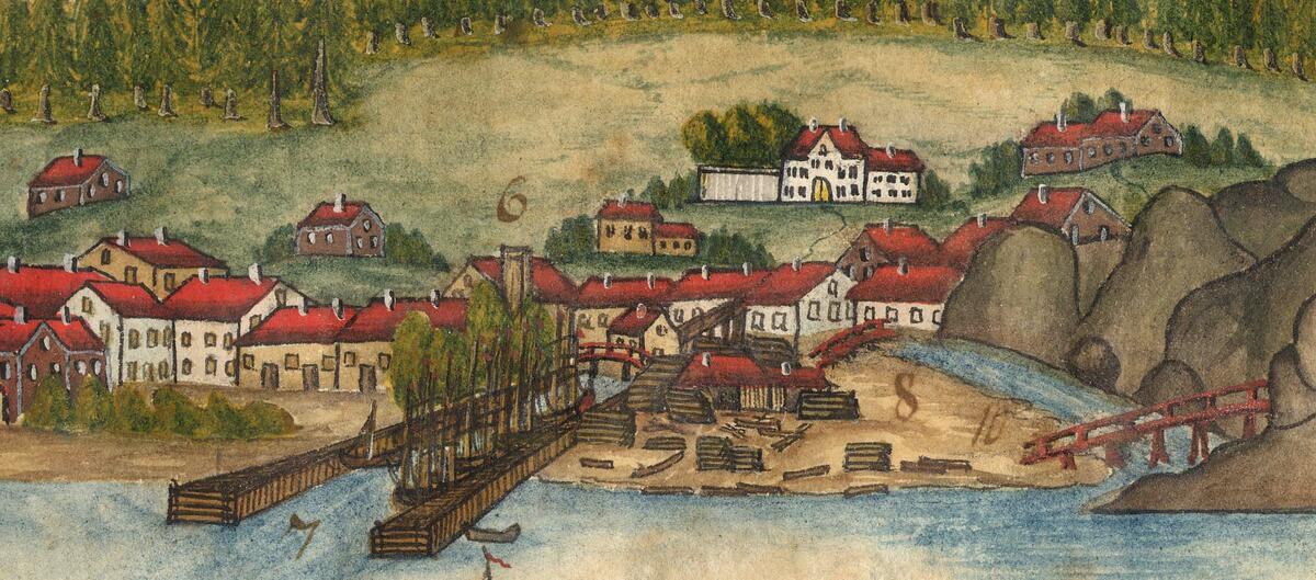 Bildet er et maleri i farger som viser bebyggelse ned mot sjøen og brygger (Foto/Photo)