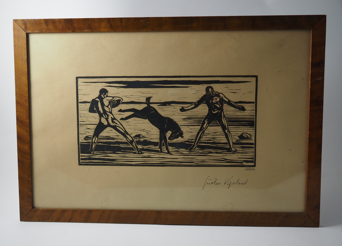 Tresnitt av Gustav Vigeland (u.å.). Motivet viser to menn og en ung hest.