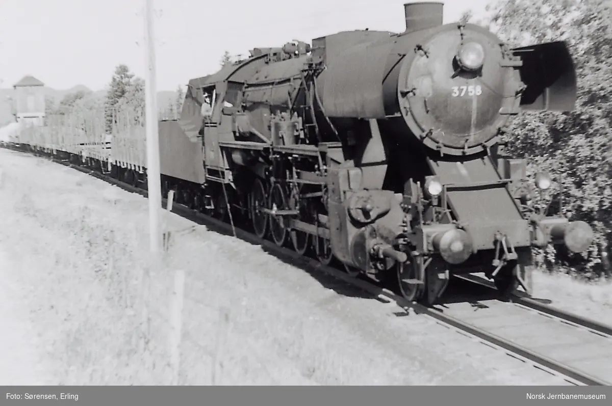 Damplokomotiv type 63a nr. 3758 med godstog fra Storlien til Trondheim ved Teveldal