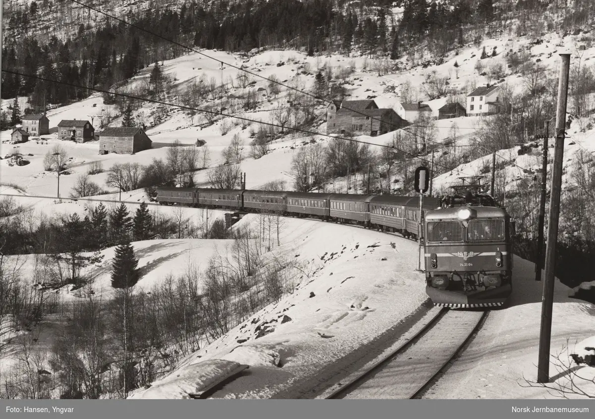 Elektrisk lokomotiv El 14 2164 med dagtoget fra Bergen til Oslo, tog 602, ved Skiple mellom Urdland og Reimegrend