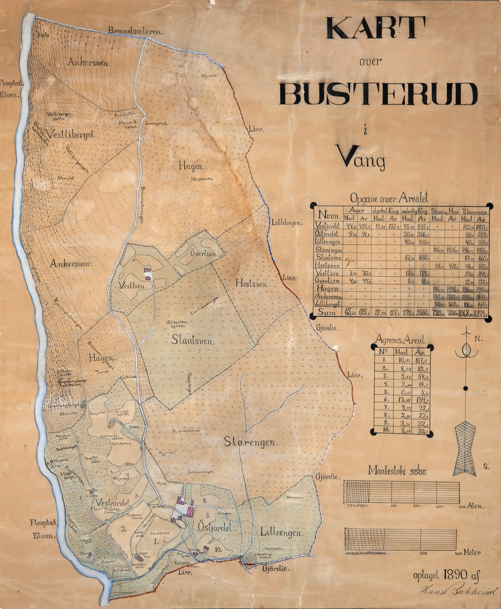 Gardskart over gården Busterud i Vang. Oppmålt av Hans Bakkerud i 1890. Fargelagt gårdskart med navn og størrelse på de forskjellige jordene.