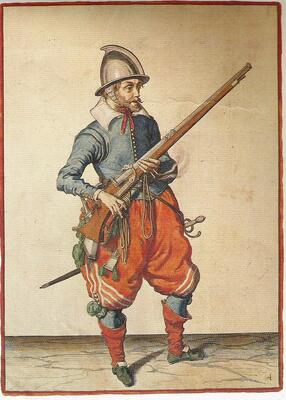 En musketer. Fra Jacob van Gheyn’s «Wapenhandelingen van Roers, Musquetten ende Spiesen” (1608).. Foto/Photo