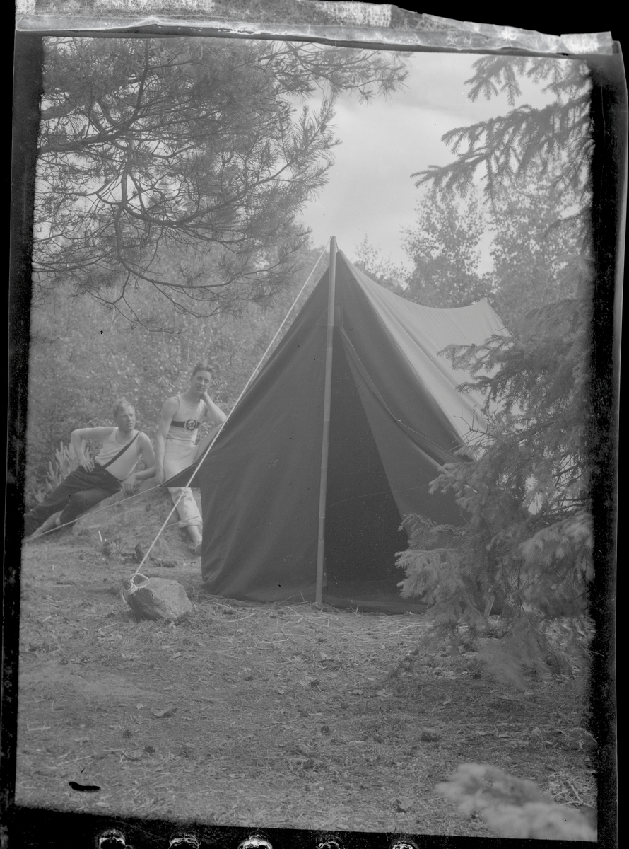 Två män campar i en skog.