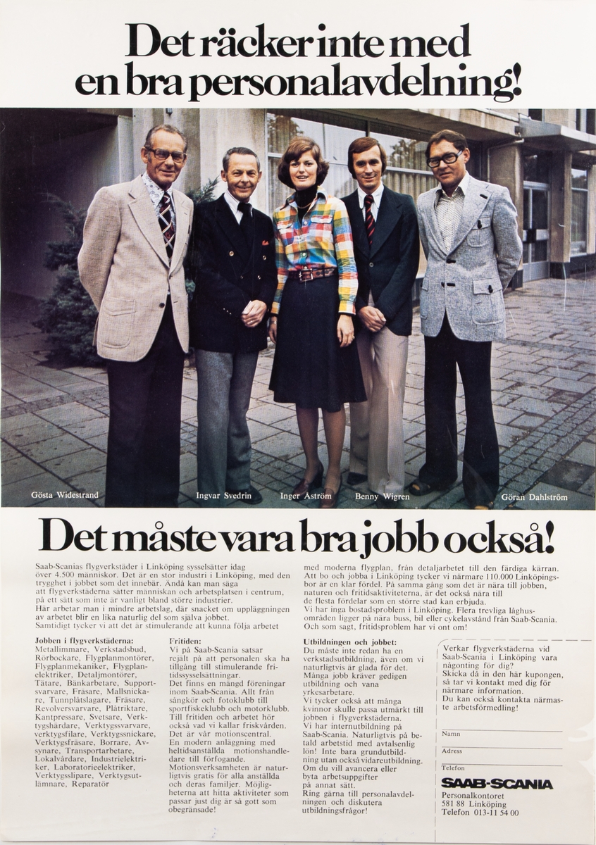 Reklamplansch för företaget Saab som visar några medarbetare.