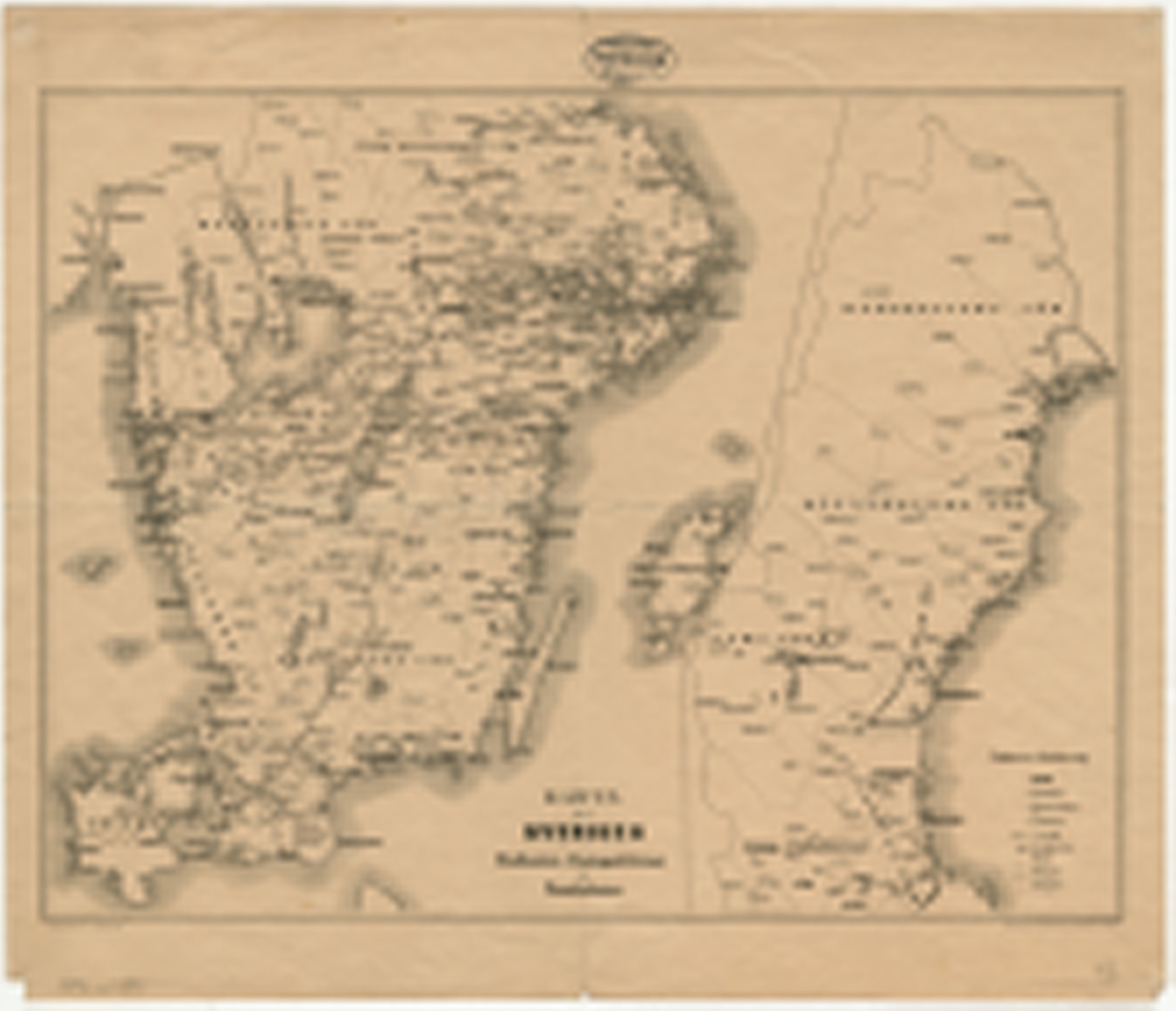 Postkarta över Sverige, som visar landets postkontor,
postexpeditioner och poststationer, från 1860.
