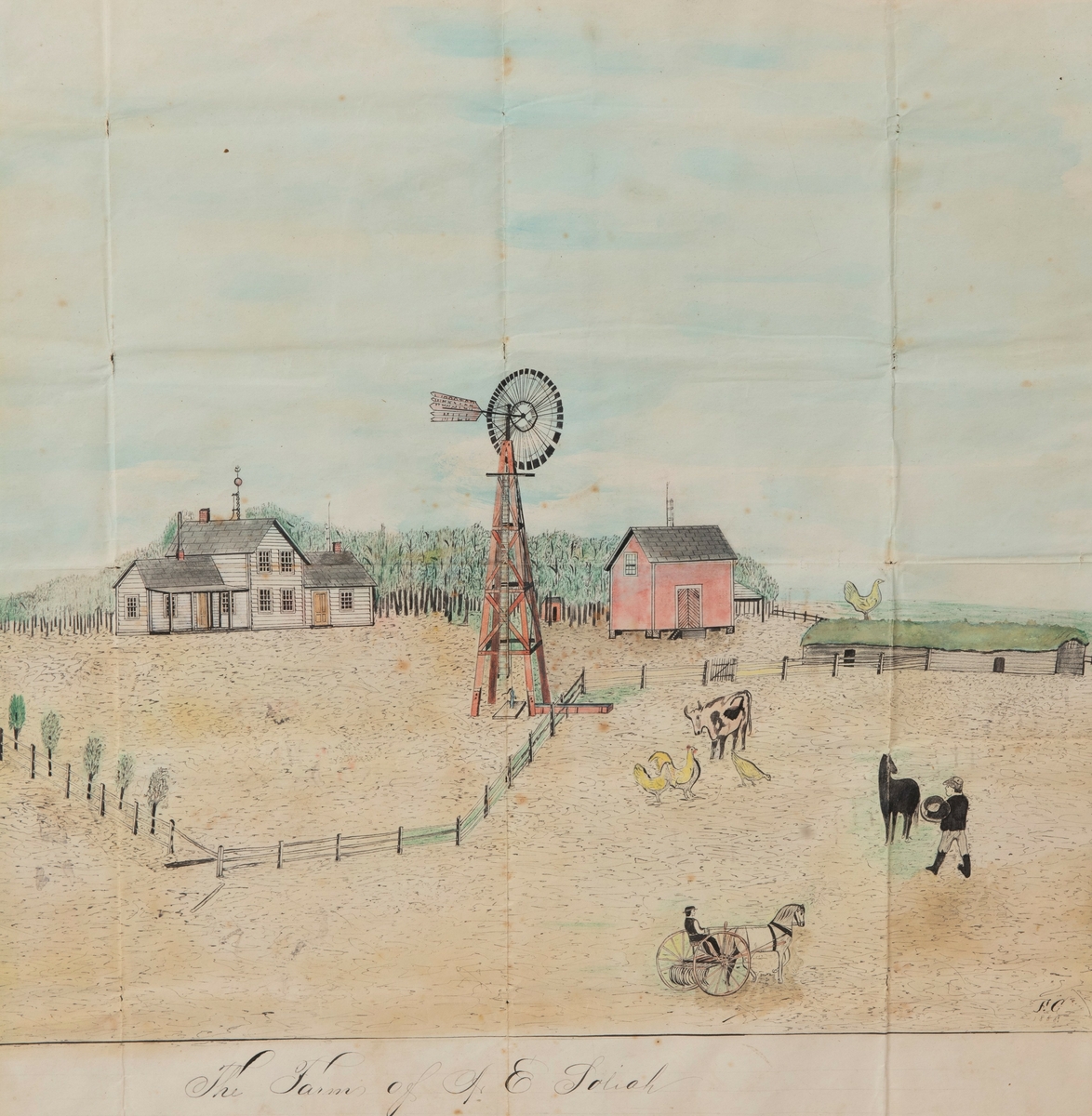 Prospekttegning av A. E. Soliahs farm i Otter Tail County i Minnesota. Penn, blyant og vannfarger på papir. Signert og datert nederst til høyre: F. C. 1888. Bretter i papiret.
