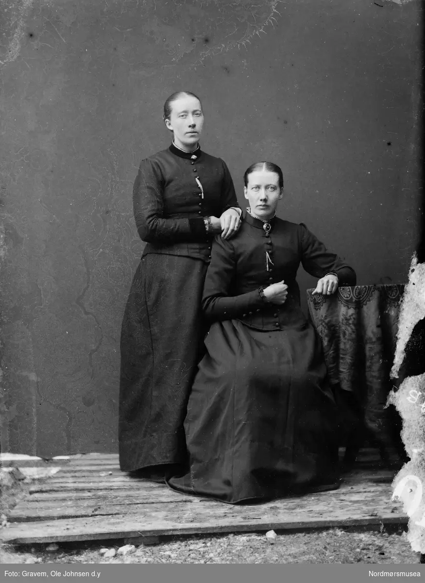 Portrett i helfigur av to kvinner. Den ene kvinnen er sittende og har armen på et bord. Den andre kvinnen står bak og har armene på skuldra på den sittende. 