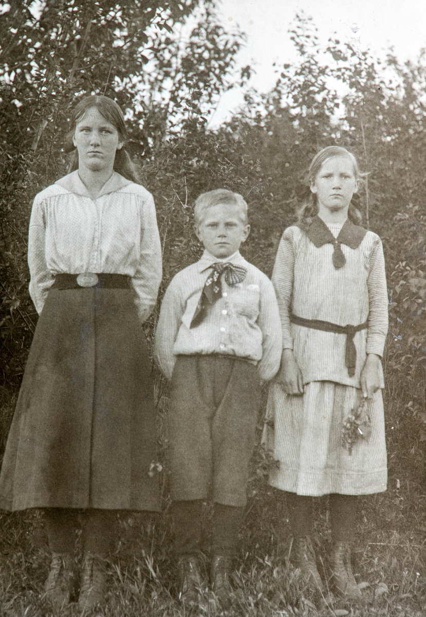 Gruppe 3 barn, ungdom. I midten , Eivind Hovind,  f:1885 - d: 1948), lærer i Stange kommune, gift med Berthe Honerud.
De to jentene er hans eldre søstre, Mina Hovind, født 1877 og Lise Hovind,  født 1879.