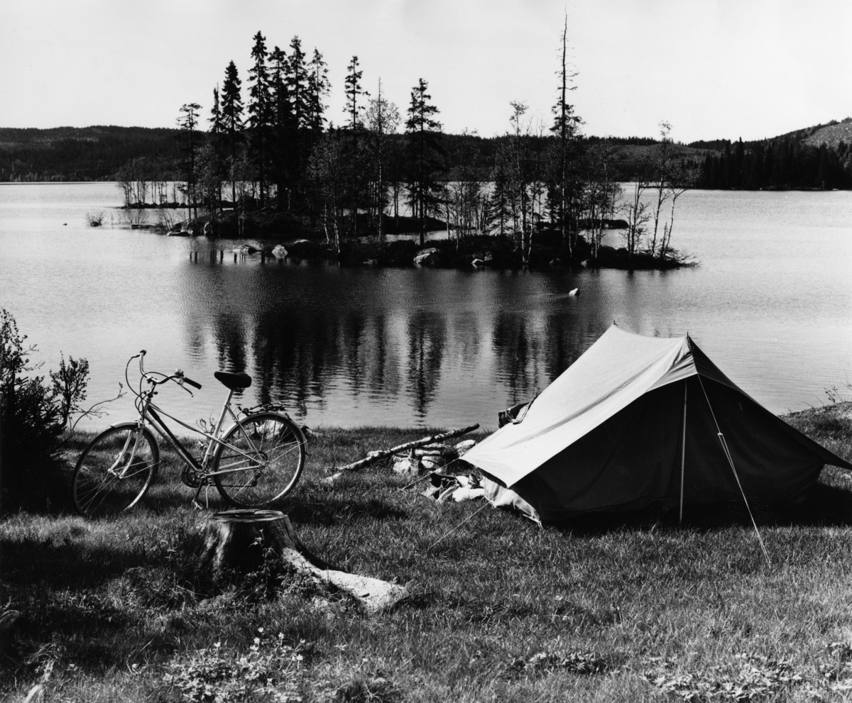 Foto av et telt og en sykkel ved et idyllisk skogsvann, Gjerdingen i Nordmarka.