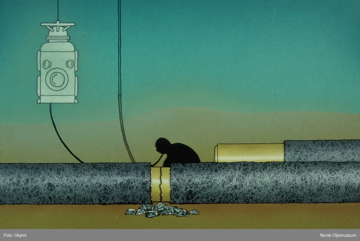 Tegning av arbeid med rør under vann. En dykkerklokke henger rett bak en dykker som reparerer rør på havbunnen. En liten ROV følger arbeidet.