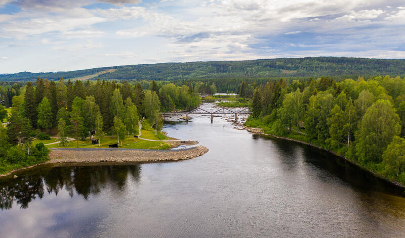 Drone image of the river park at the Norwegian Forest Museum