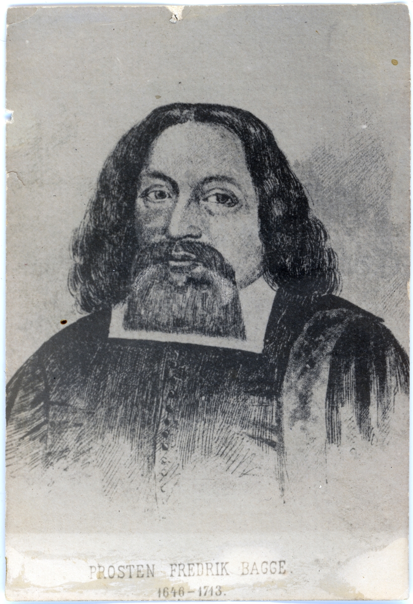 Text på kortets baksida: "Prosten Fredrik Bagge Född 1646 död 1713".