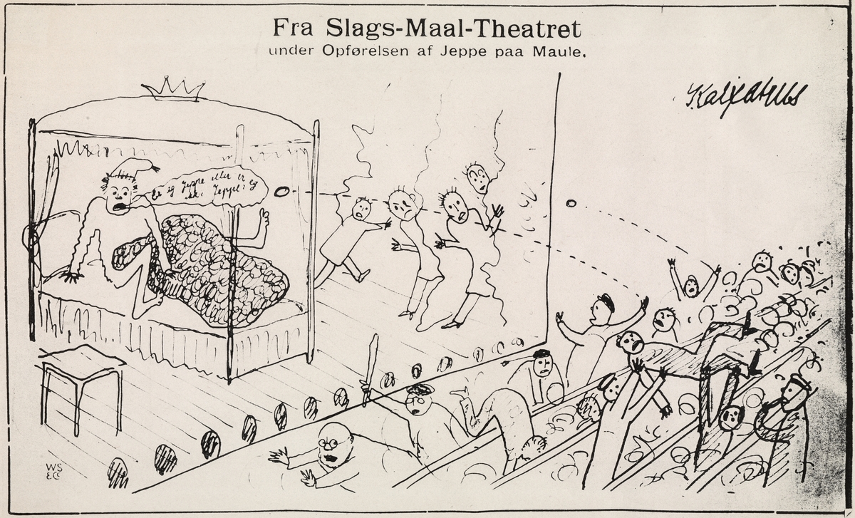 Karikatur som viser tumultene i forbindelse med Det Norske Teatrets åpning i 1913, med Ludvig Holbergs "Jeppe på Berget", med Rasmus Rasmussen i tittelrollen, på nynorsk.