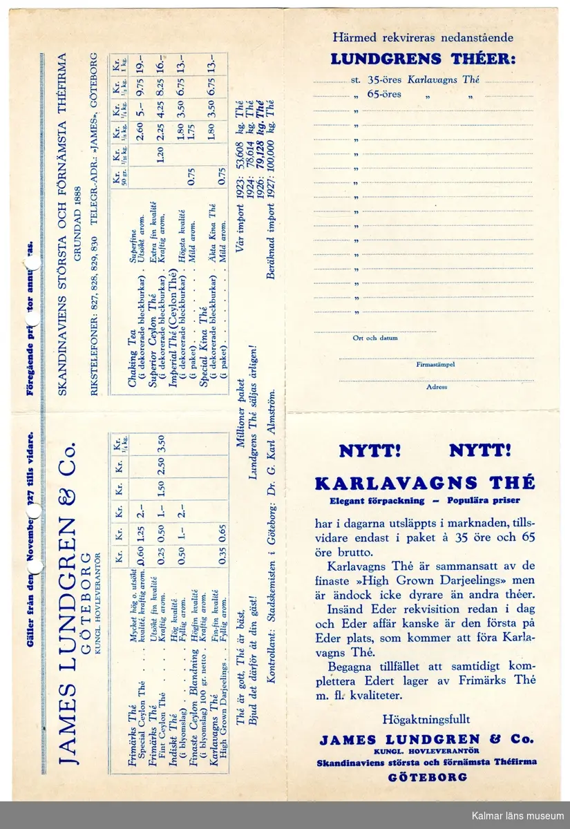 KLM 46521:592:1-2 Brev. Av papper. Brev, en prislista och två brevkort från James Lundgren & Co., Göteborg till Firma Lisa Jonsson, Tålebo. Handlingen är daterad 1/11 1927.