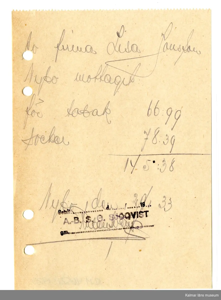KLM 46521:1420 Kvitto. Av papper. Kvitto, handskrivet, från A.-B. S. G. Sjöqvist till Firma Lisa Jonsson, Nybo. Handlingen är daterad 20/1 1933.
